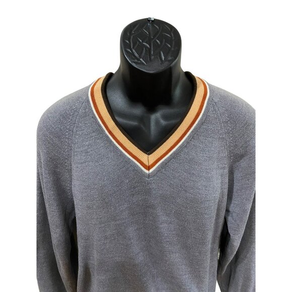 Vintage Bike Gray V-Neck Sweater With Striped Collar Men’s Size Small - Picture 6 of 8
